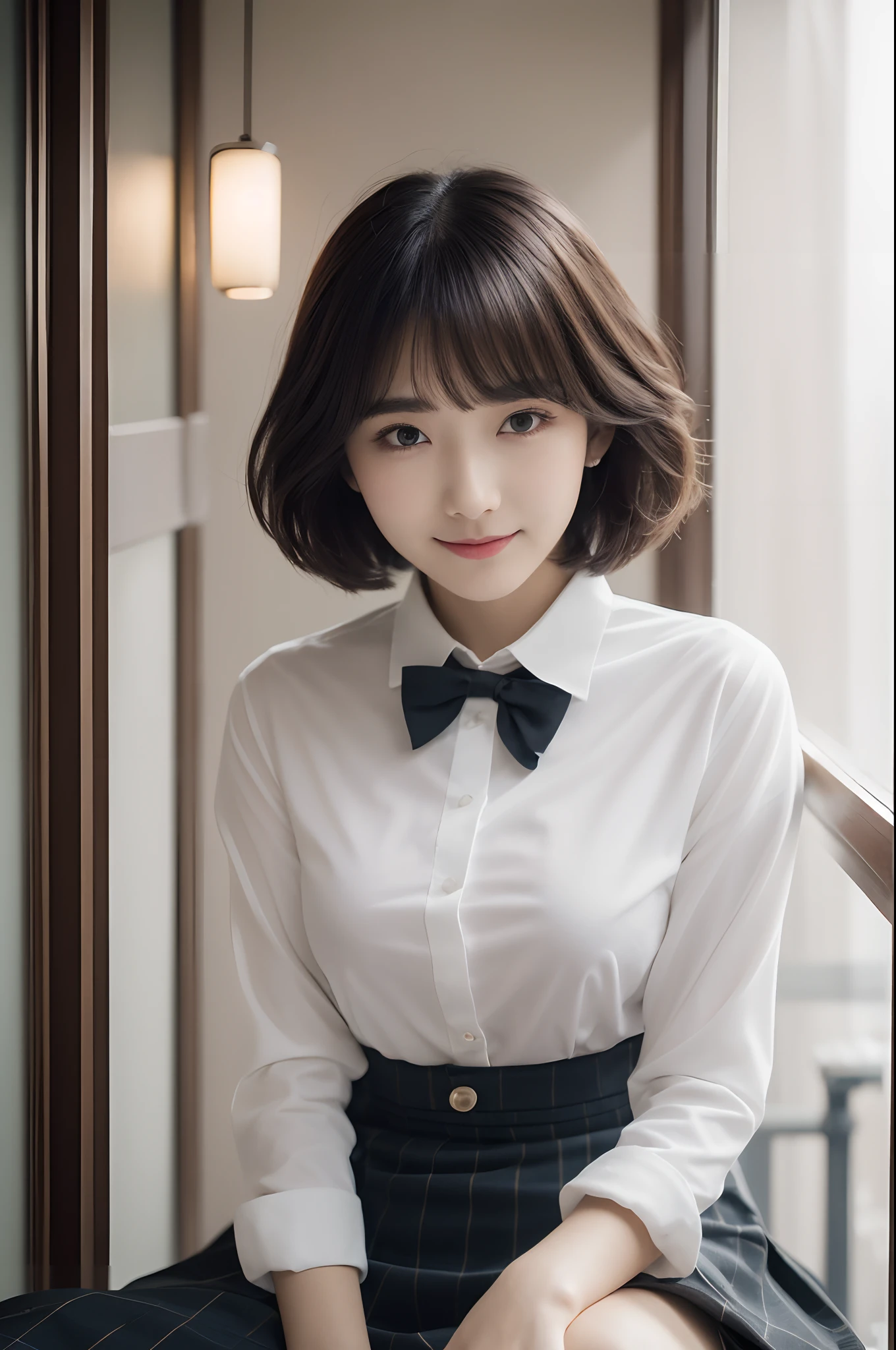 (8K, RAW photo, Best Quality, Masterpiece: 1.2), (Realistic, Photorealistic: 1.37), Ultra HD, 1 girl, Cute, Solo, Beautiful sky, Detailed cafe, Night, Sitting, date, (nose lip), (smile: 1.1), (closed), medium breasts, beautiful eyes, (collared shirt: 1.1), bow tie, pleated skirt, (short hair: 1.2), floating hair