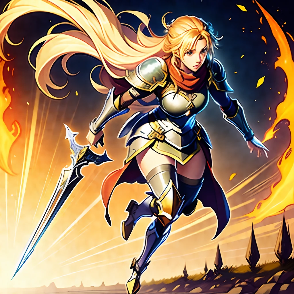 a close up of a person in a costume with a sword, final fantasy tactics character, jrpg character art, casimir art, jrpg character, ike in real life, a human female paladin, fire emblem, picture of a female cleric, picture of an adult female warrior, female paladin, golden hair, simple background, full body, yugioh style