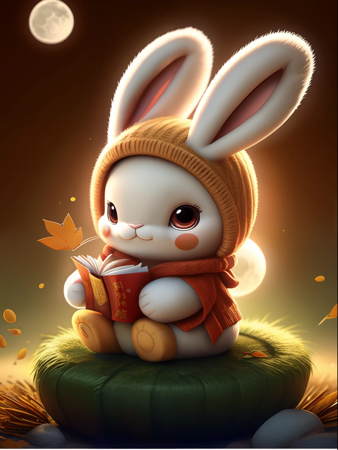 Das Kaninchen sitzt auf dem klaren Mond，Mondkuchen in beiden Händen halten，ein Plüsch，süß，Mittherbstfest，Chinesische Elemente