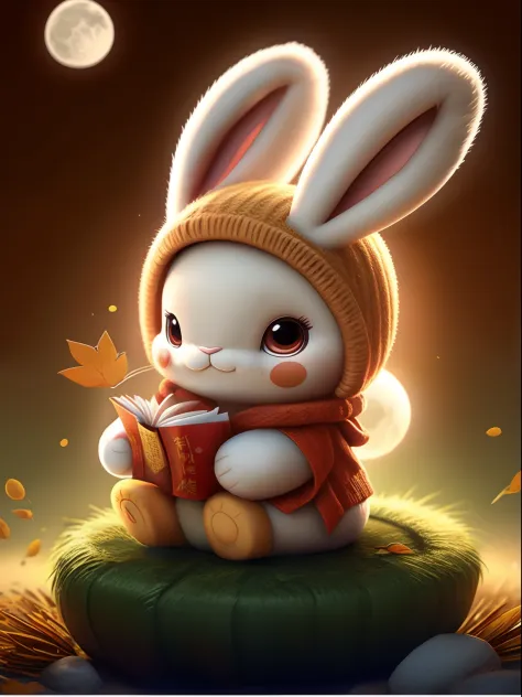 The rabbit sits on the clear moon，Holding mooncakes in both hands，a plush，adolable，Mid-Autumn Festival，Chinese elements
