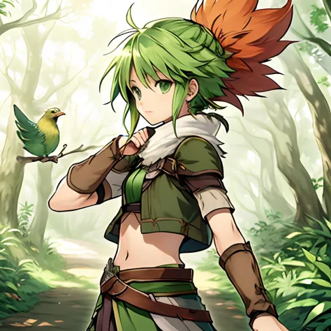 anime girl with green hair and red hair holding a bird, character art of maple story, jrpg character art, jrpg character, emerald herald, crono, art style of dark cloud 2, fantasy hunter, druid, forest hunter lady, secret of mana, art style of rune factory...