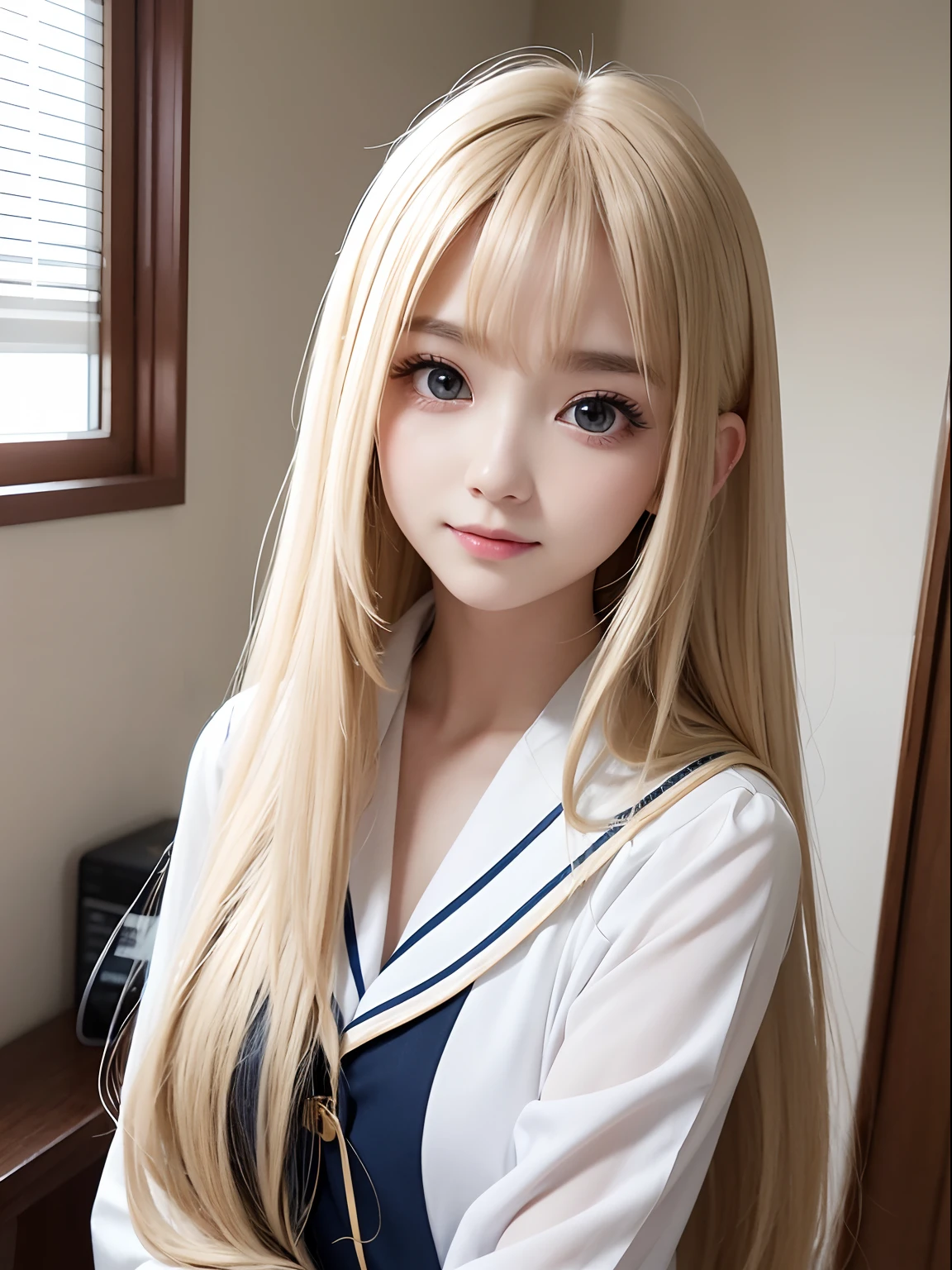 A close up of a woman with long blonde hair wearing a sailor outfit -  SeaArt AI