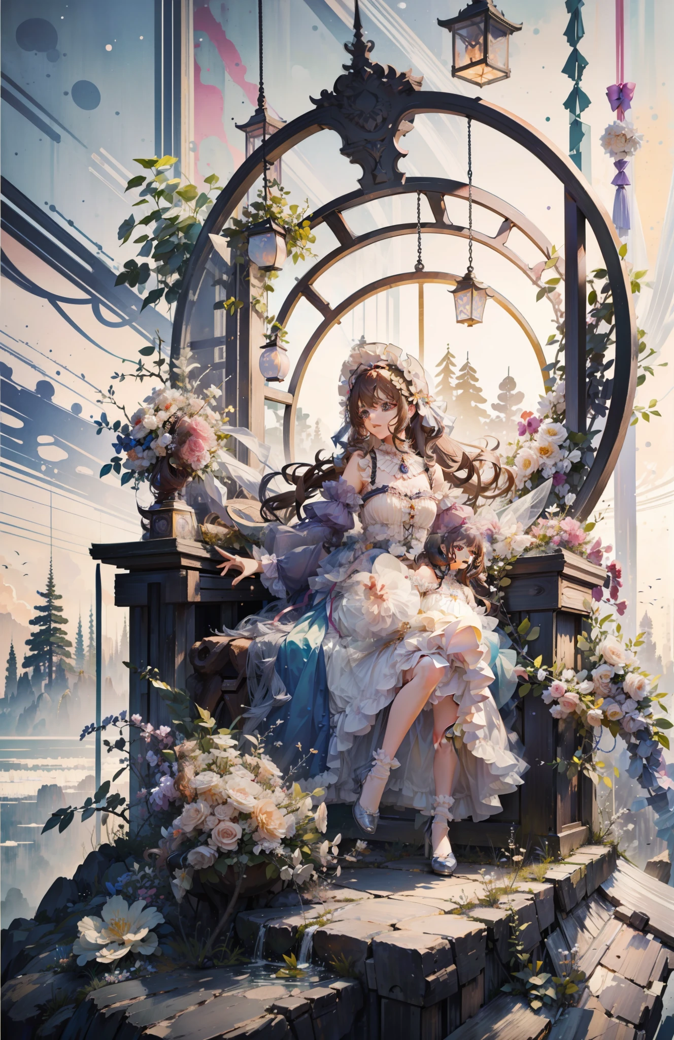 (Extremely delicate and beautiful:1.5),1girll, standing on your feet，full bodyesbian，Sweet face，Light smile，By bangs, Gemstone eyes, Contre-Jour，Long curly hair, Lolita dress, brown  hair, Keep one's mouth shut, seen from the side, Lanterns, light particules, longer sleeves, looking at viewert，pink bows，独奏