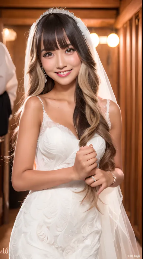 4K、top-quality、masutepiece、 Japan Female, 17 years old、((Tanned black skin 1.6))、a blond、With bangs、Longhaire、((wedding dress))、...