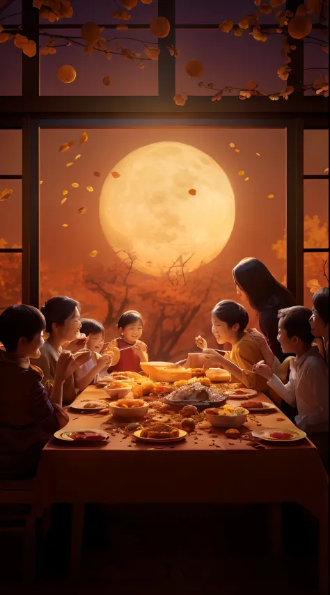 Mid-Autumn Full Moon，Family reunion，The family sits at a round table，Eat mooncakes together，Smiling，There was a big full moon ou...