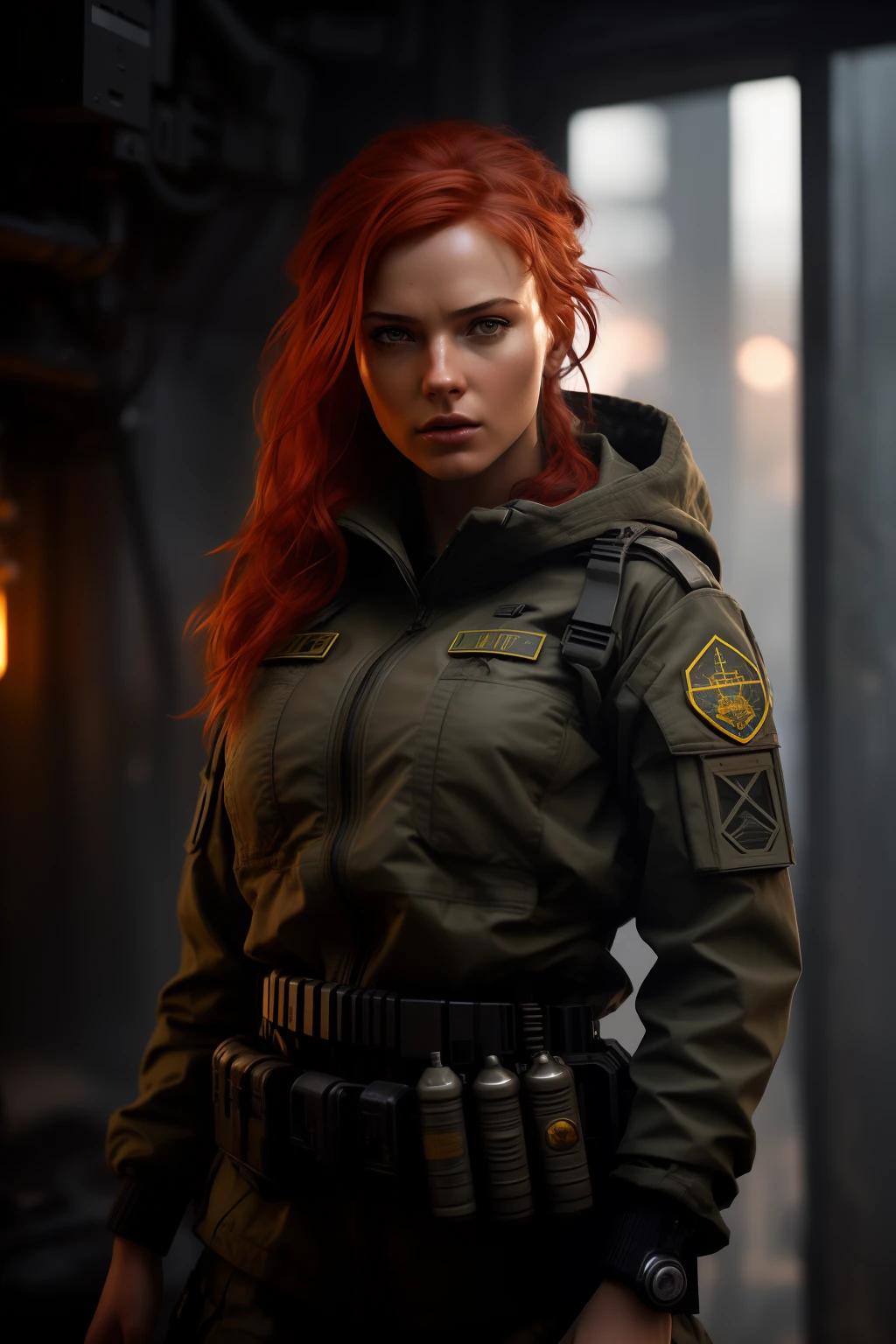 cozy, close-up photo of an arafed woman with a rifle in a dark room, redhead female cyberpunk, infantry girl, wojtek fus, female lead character, soldier girl, eve ventrue, stunning character art, epic sci - fi character art, epic sci-fi character art, solo female character, beautiful female soldier, ready for combat, mechanized soldier girl, sci - fi character, cinematic lightning, rim light