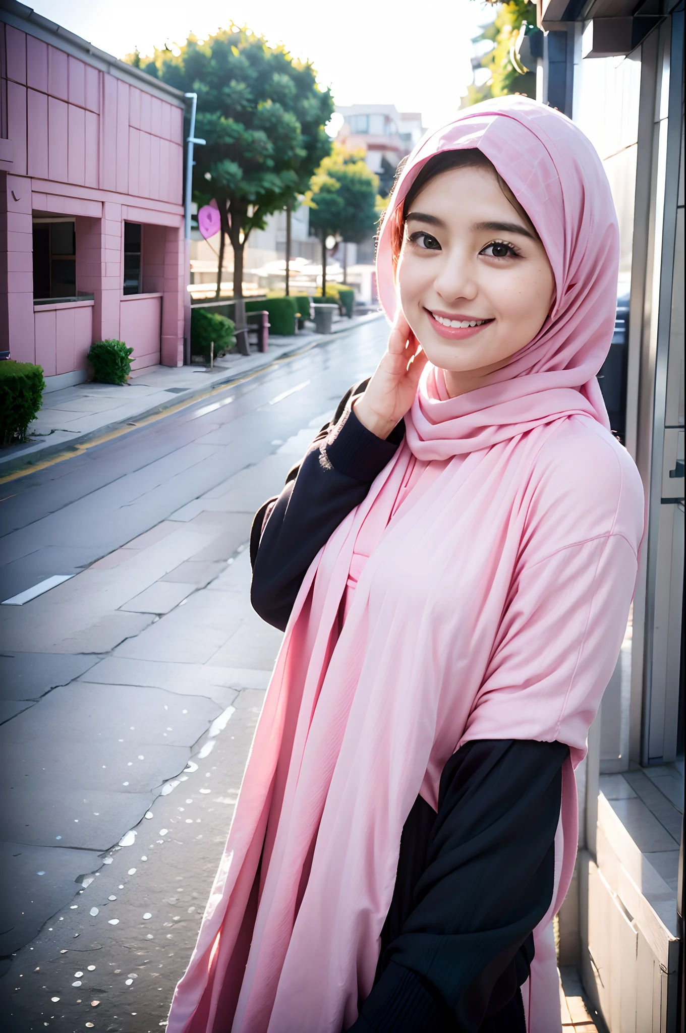 mulher arafa usando um lenço rosa e um lenço rosa na cabeça, hijab, leve sorriso fofo, com lindo olhar, inspirado em Naza, com um sorriso lindo, farida malik, ele oum, com cara fofa - linda, sorriso tímido, Sakimi-chan, fofo lindo, chegando, Sorriso amável, Doce sorriso, com cara gentil