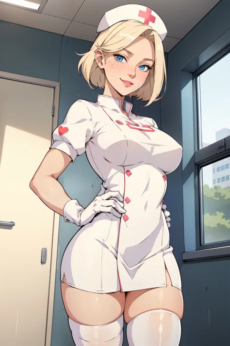 1woman, nurse, nurse uniform, nurse cap, whiteware, ((white legwear, zettai ryouiki)), white gloves, blonde hair, blue eyes, pin...