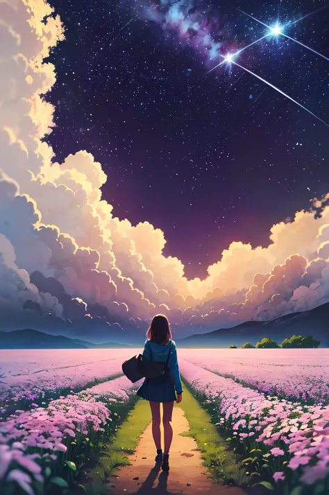 there is a girl standing in a flower field looking up at the sky, a girl standing in a flower field, a girl walks in a flower fi...