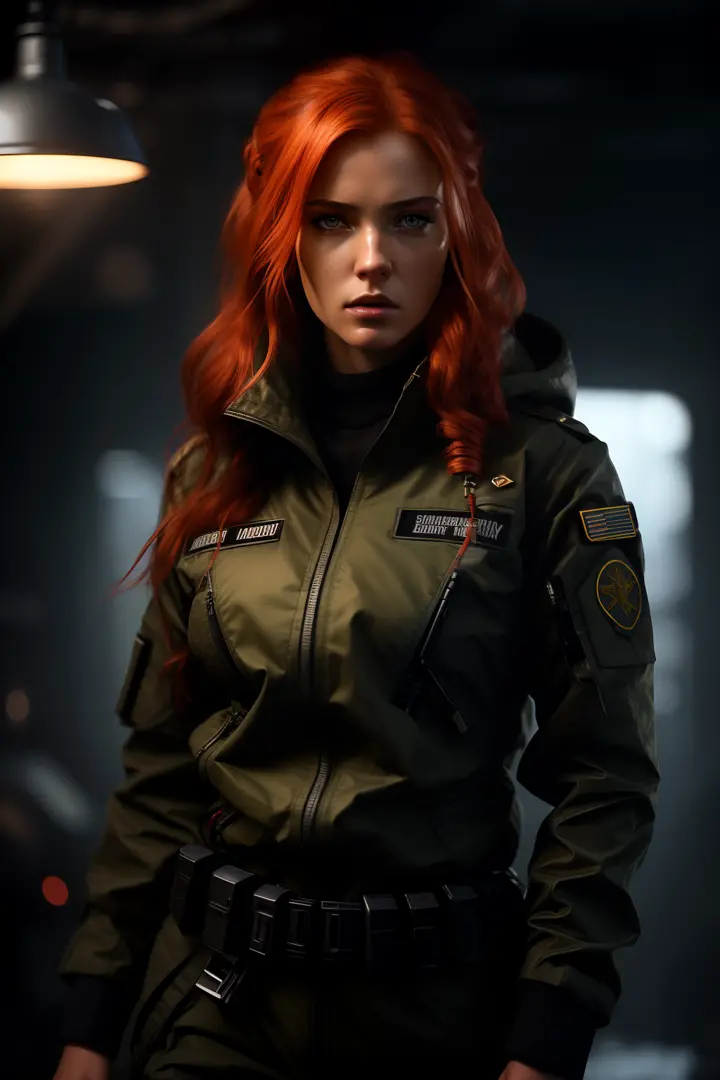 cozy, close-up photo of an arafed woman (with a rifle:1.2) in a dark room, redhead female cyberpunk, infantry girl, unbuttoned m...