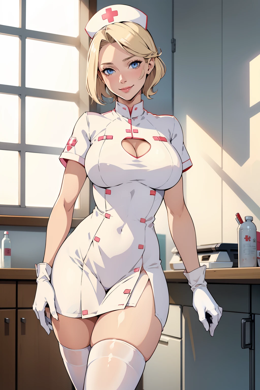 1woman, Nurse, nurse uniform, Nurse Cap, Whiteware, ((White legwear, zettai ryouiki)), White Gloves, Blonde hair, Blue eyes, pink lipsticks, Smile, Standing, sharp outline, Short sleeves, a mature female, 35 year old, Best Quality, masterpiece, infirmary, As chest shows, chest escaping, rain on face, sensuous pose, tit visible