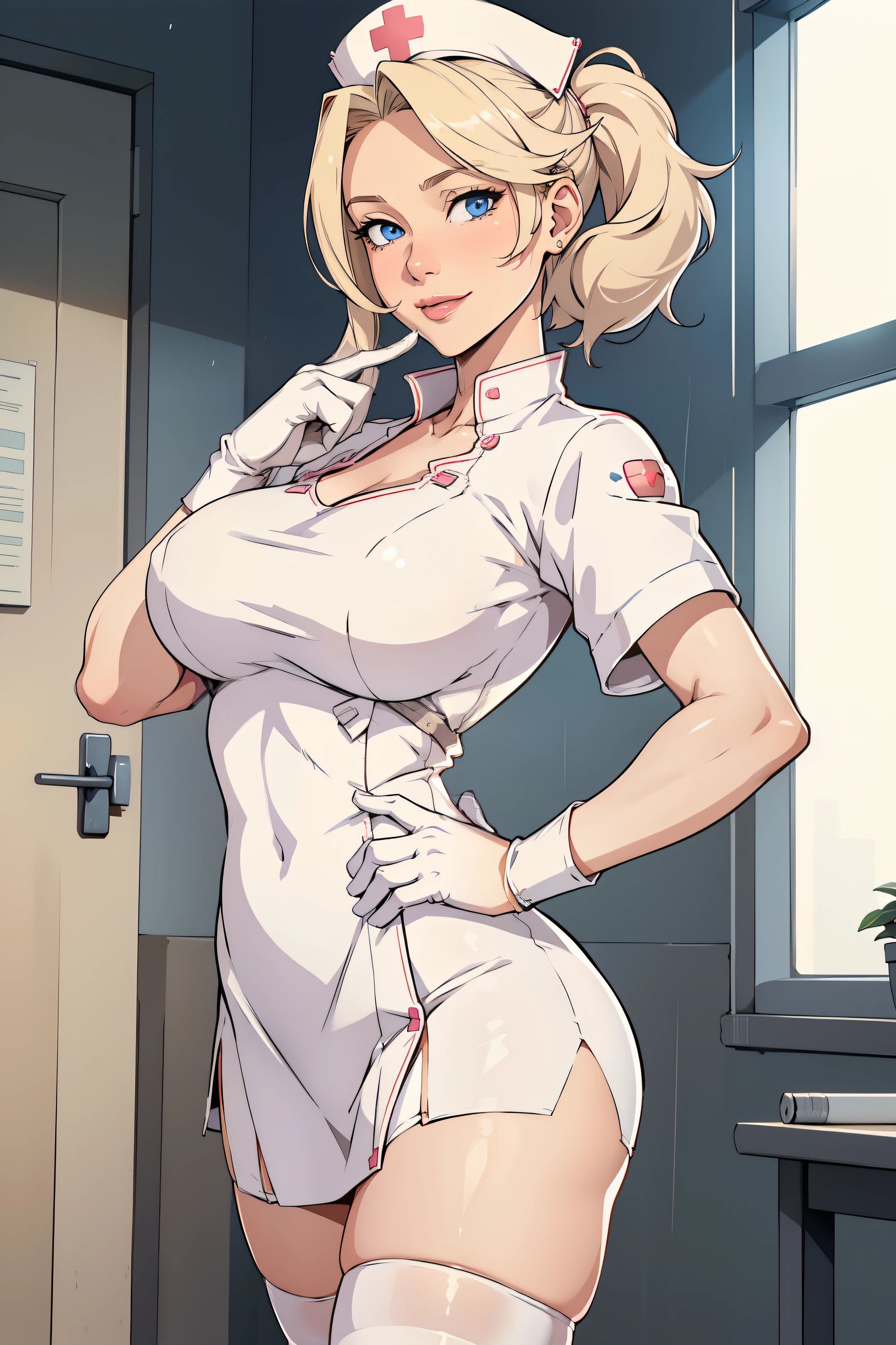 1woman, Nurse, nurse uniform, Nurse Cap, Whiteware, ((White legwear, zettai ryouiki)), White Gloves, Blonde hair, Blue eyes, pink lipsticks, Smile, Standing, sharp outline, Short sleeves, a mature female, 35 year old, Best Quality, masterpiece, infirmary, As chest shows, chest escaping, rain on face, sensuous pose, tit visible