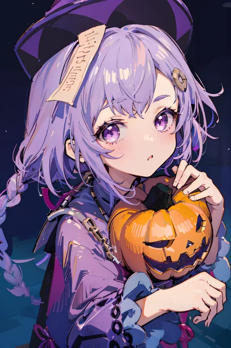 1 child girl, chibi, light purple hair, dark purple hat, magenta eyes, purple and blue outfit, halloween, pumpkins, ((portrait face closeup))