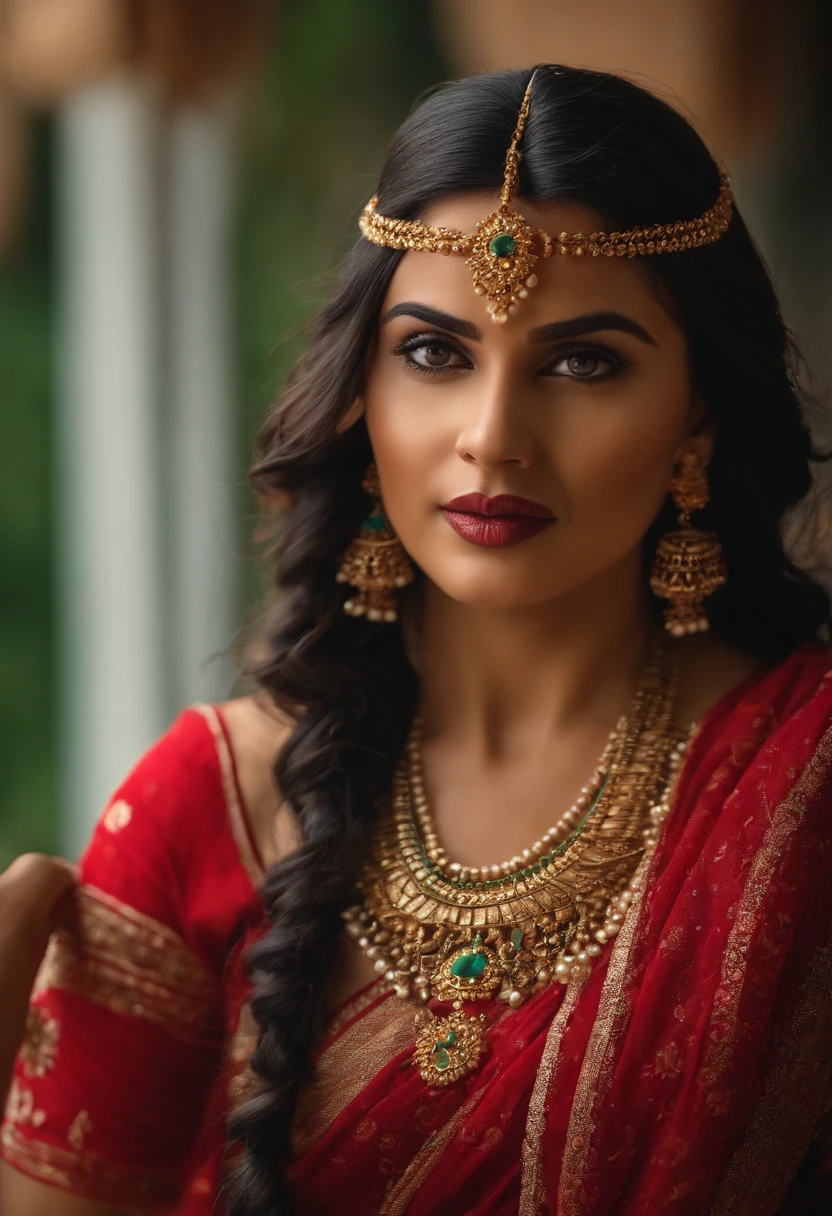 A woman in a red sari and gold jewelry poses for a picture - SeaArt AI