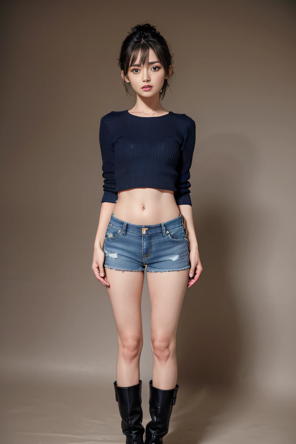 A woman in a short denim shorts and boots poses for a picture - SeaArt AI