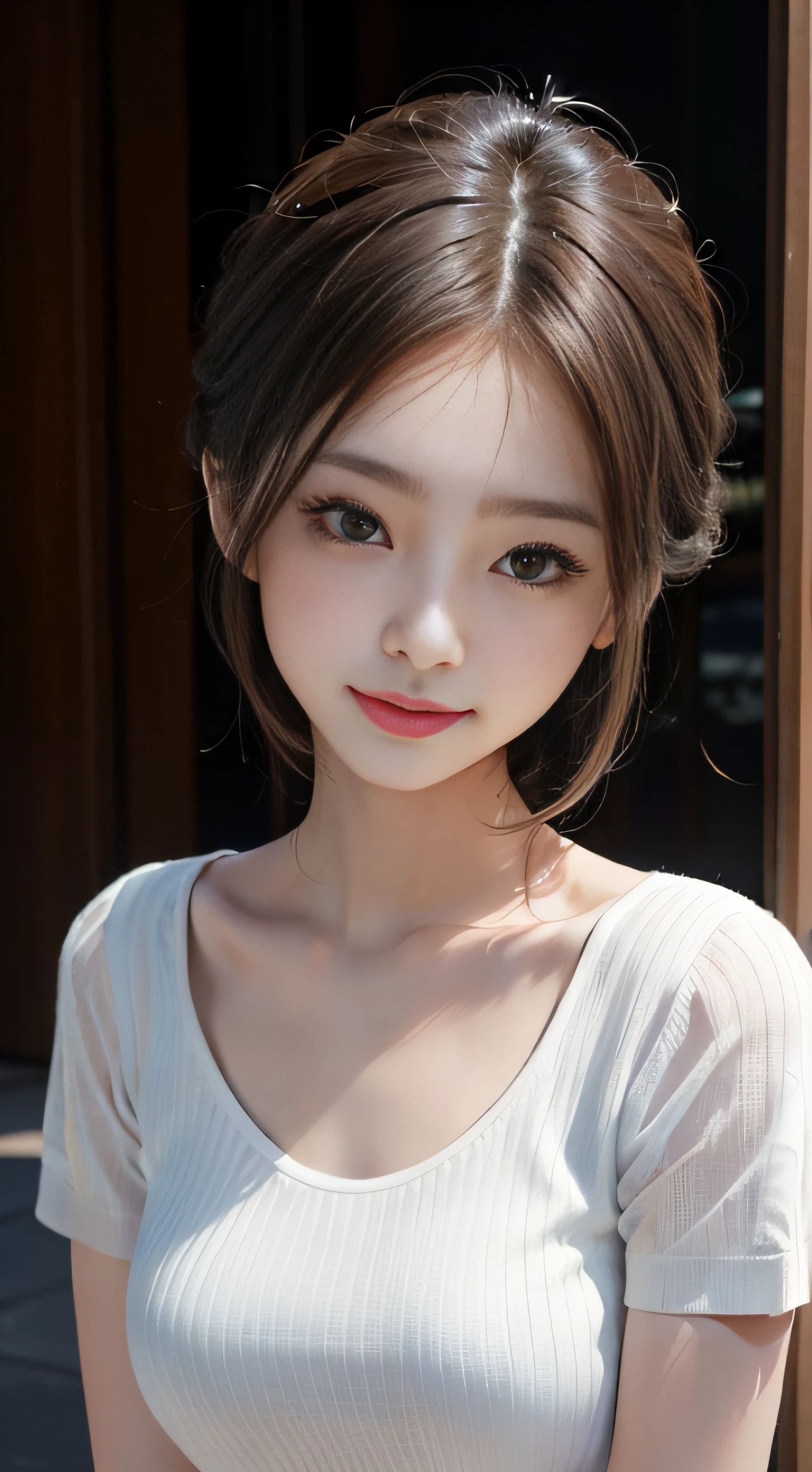 ​masterpiece、Top image quality:1.2、((beautiful young woman with))、Transparent skin:1.2、{A slight smil}、(kawaii)、Short sleeve knit、luxury hotel、depth of fields