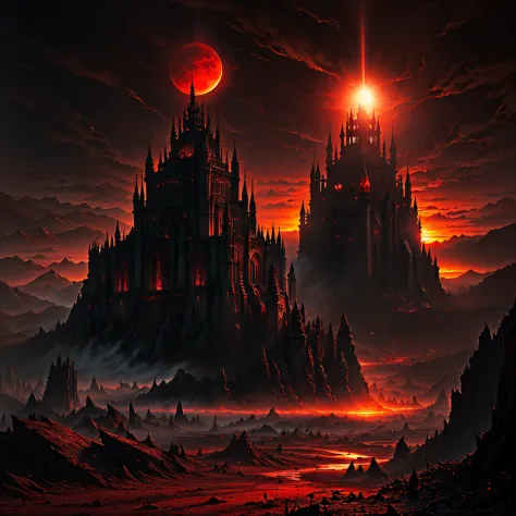 Hellish landscape, imagination, castlevania, (realisticlying), Demonic, Clear sky, Devilish, synthetic, Sun sunset, blood moon, (hdr:1.5), exteriors, intricately details,epic sense，The scene is grand