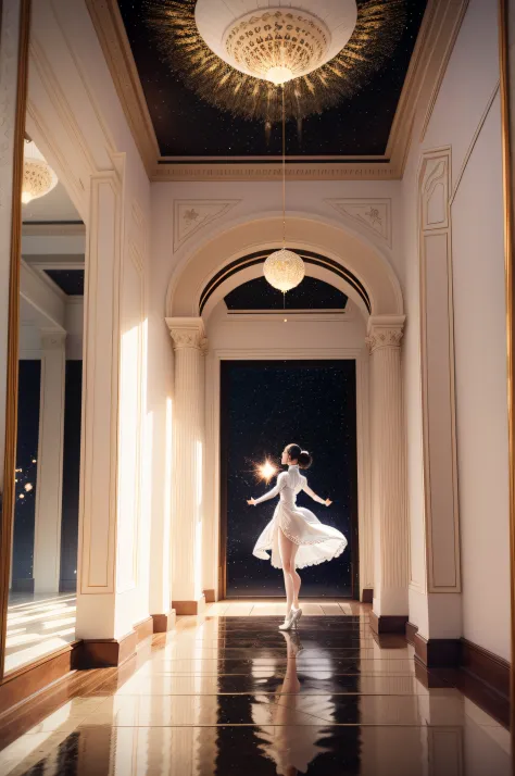 A dancing girl in a white striking qipao in a hall of decadent mirrors, her reflections clear across the magnificant hall that t...