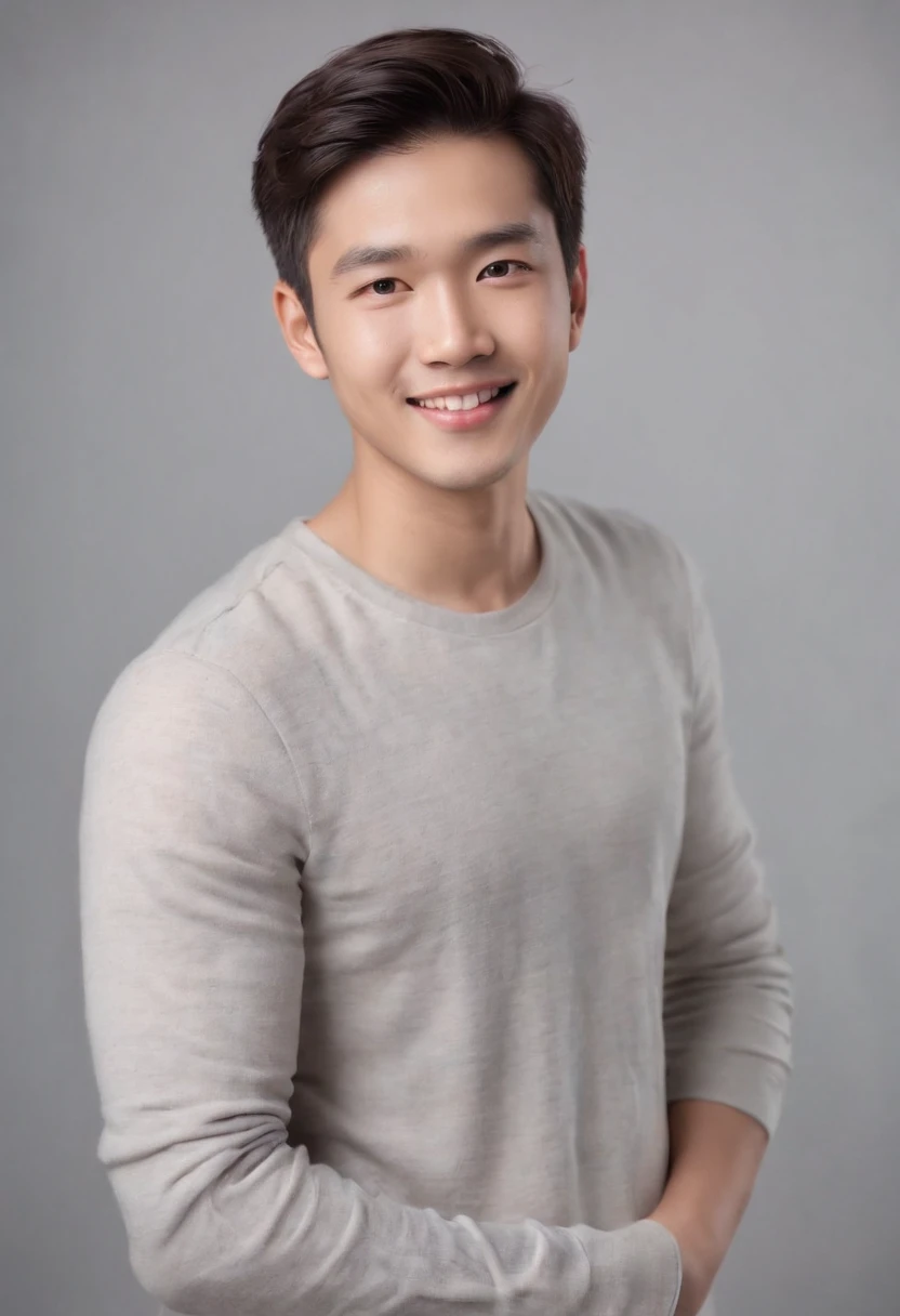 (photo: 1.3) af (realistic: 1.3), east asian man, soft light, clear face, happy, cheerful, smiling, warm light, ((gray-white gradient background)), (background)). ((gray wall background)) avatar, (long or short hair), smile, handsome, young,, short hair, smile, ((close-up))