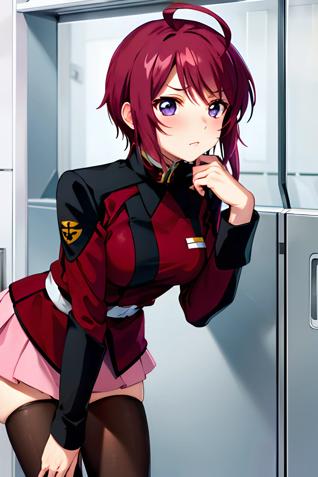 Meisterwerk, beste Qualität, highres, 1 Mädchen, Allein, rosa Rock, Militäruniform, Kurzes Haar, ahoge, schwarze halterlose Strümpfe, Rote Haare, lila Augen, lila Haare, lange Ärmel, Stirnrunzeln, nach vorne lehnen,