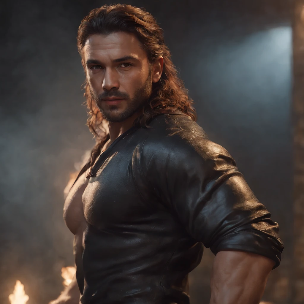 (Professional 3D rendering:1.3) de (Realistic:1.3) foto de arte mais bonita do mundo，soft features, brilliant male heroes, ((Epic hero rough fantasy muscular man wet hero angry look long hair short beard and fierce expression in dynamic pose, fantastic location, majestoso ambiente desordenado)), corpo inteiro 8k unidade render, action shot, poros da pele, very dark lighting, sombreamento pesado, circunstanciado, rosto detalhado, (Vibrando, Fotografia realista, Realistic, Dramatic, Escuro, foco nítido, 8k), (Roupas de couro velhas danificadas pelo mau tempo:1.4), ((((Use peles)))), (intrincado:1.4), decadente, (altamente detalhado:1.4), Pintura digital, rendering by octane, art stations, conceito-arte, liso, foco nítido, illustration, germe da arte, (Loish:0.23), Wlop Ilya Kuvshinov, e greg rutkowski e alphonse mucha gracias, (global ilumination, studiolight, light volumetric), chuva forte, floating particles, patife, fantasia, Nosso, Corpo inteiroesbiano, ((Fundo escuro e antigo da cidade:1.3)),CGSesociedade,art stations