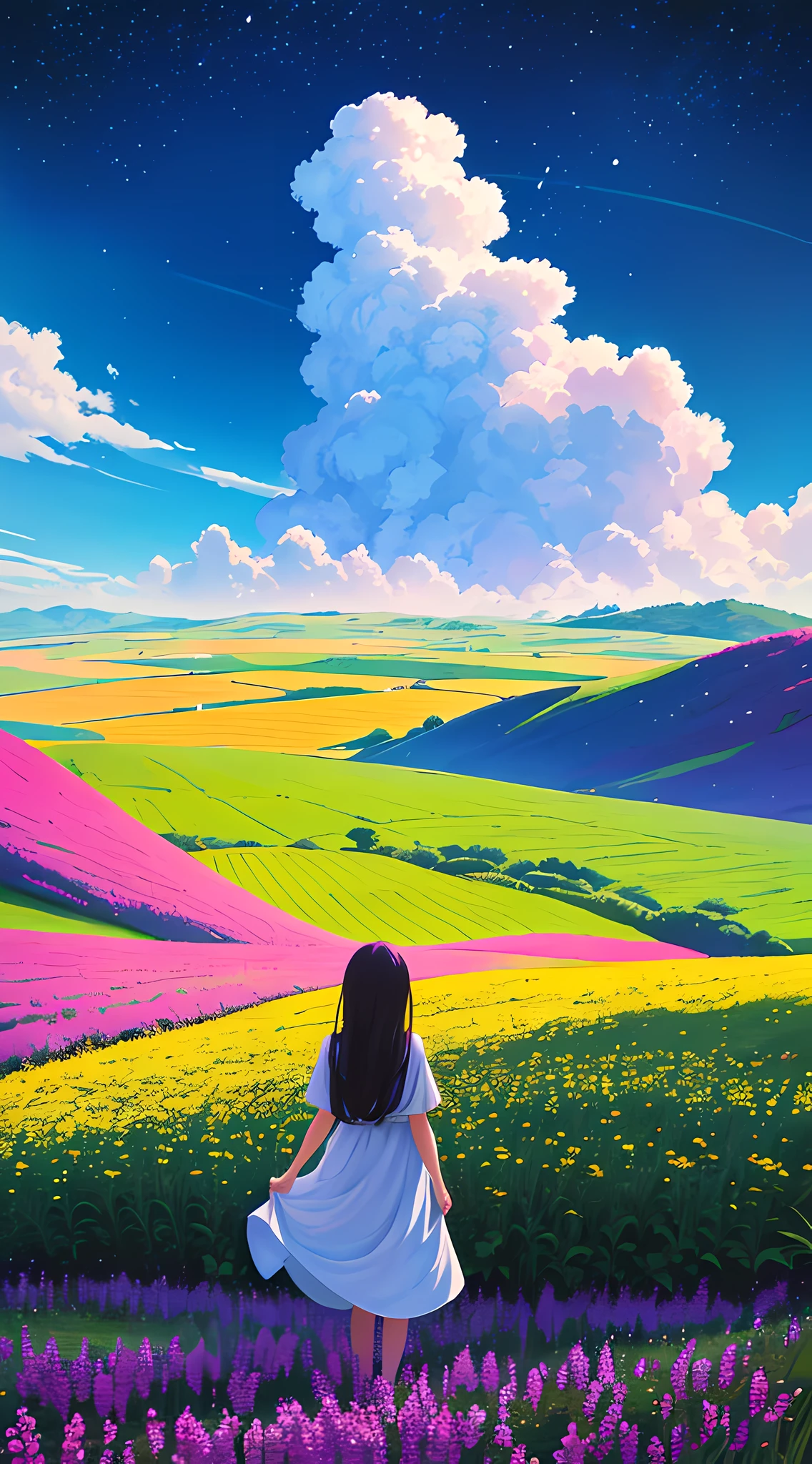 There is a girl standing in a flower field looking up at the sky, A girl standing in a flower field, A girl walks in a flower field, Get lost in a fantastic wonderland, standing in flower field, dreamlike digital painting, The sky is gradually clearing, The starry sky gradually receded