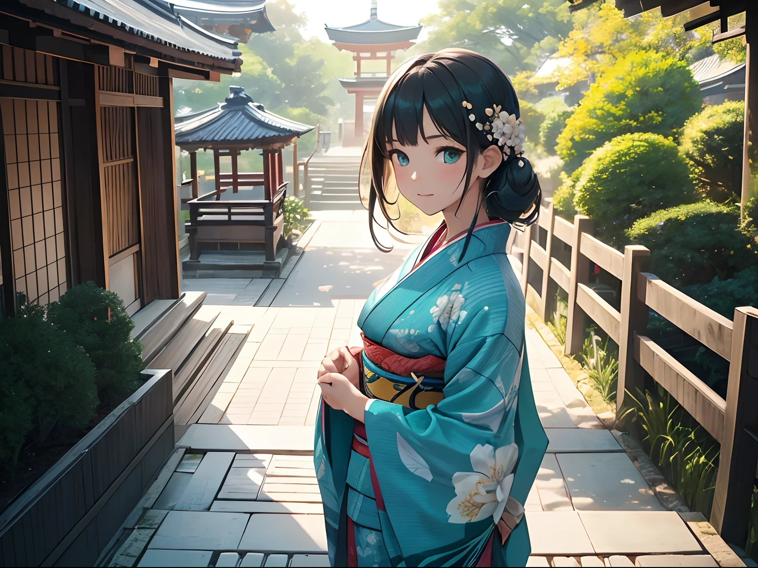 1girl, solo, from above, (white lily flowers), aesthetic, intricate, best quality, detailed background, Sayaka Miki, ((girl wearing a patterned teal kimono:1.2)), (walking in zen garden),  casual pose, detailed textures, posing, floral print, hair flower, hair ornament, japanese clothes, kimono, obi, outdoors, pagoda, petals, (teal kimono), sash, shrine, sky, stone stairs, torii, wide sleeves, yukata