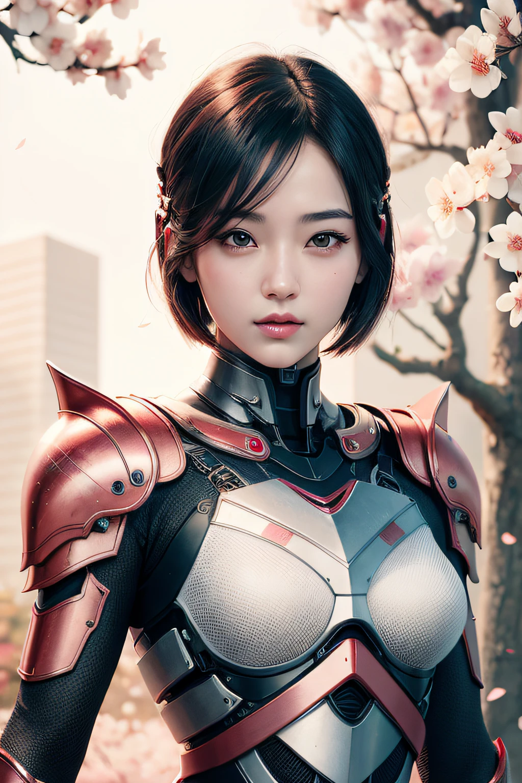 schöne junge Japanerin, Cyborg-Rüstung tragen, dicke symmetrische Merkmale, sehr kurze Haare, Hintergrund sind Kirschblüten, rosa Aura, rote Lippen, octane render,