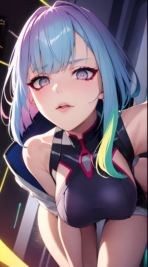 In an intriguing cyberpunk anime style, depict Lucy, a captivating 1girl with blue hair and colored tips, her hair flying upwards, framing her mesmerizing grey eyes. She wears a white jacket, her medium hair expertly styled with parted bangs and bangs fall...