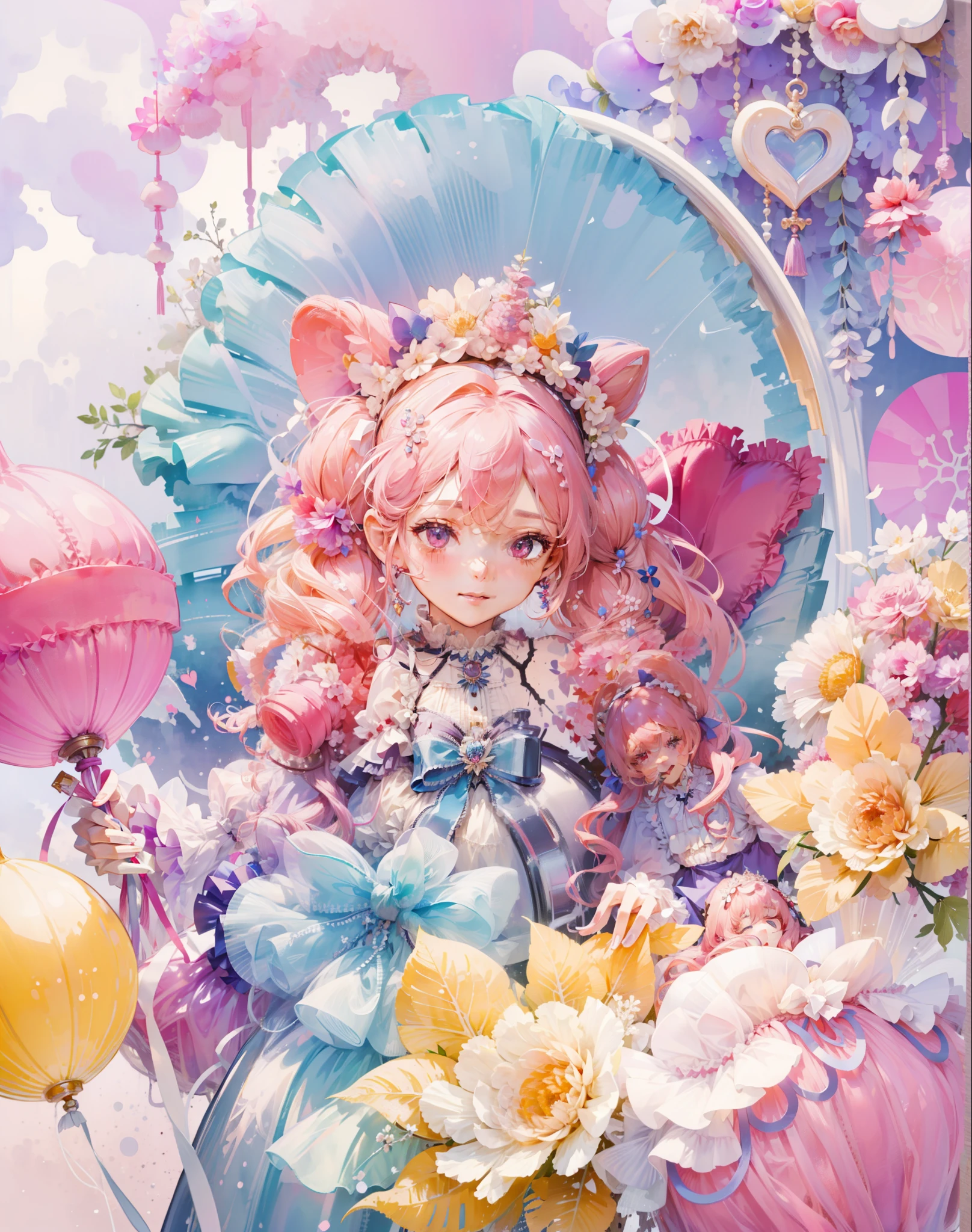 (Extremely delicate and beautiful:1.5),1girll, Sit in the strawberry dessert sundae，full bodyesbian，Sweet face，Light smile，By bangs, Gemstone eyes, Contre-Jour，Long curly hair, Lolita dress, A pink-haired, seen from the side, lanterns, light particules, longer sleeves, looking at viewert，pink bows，solo