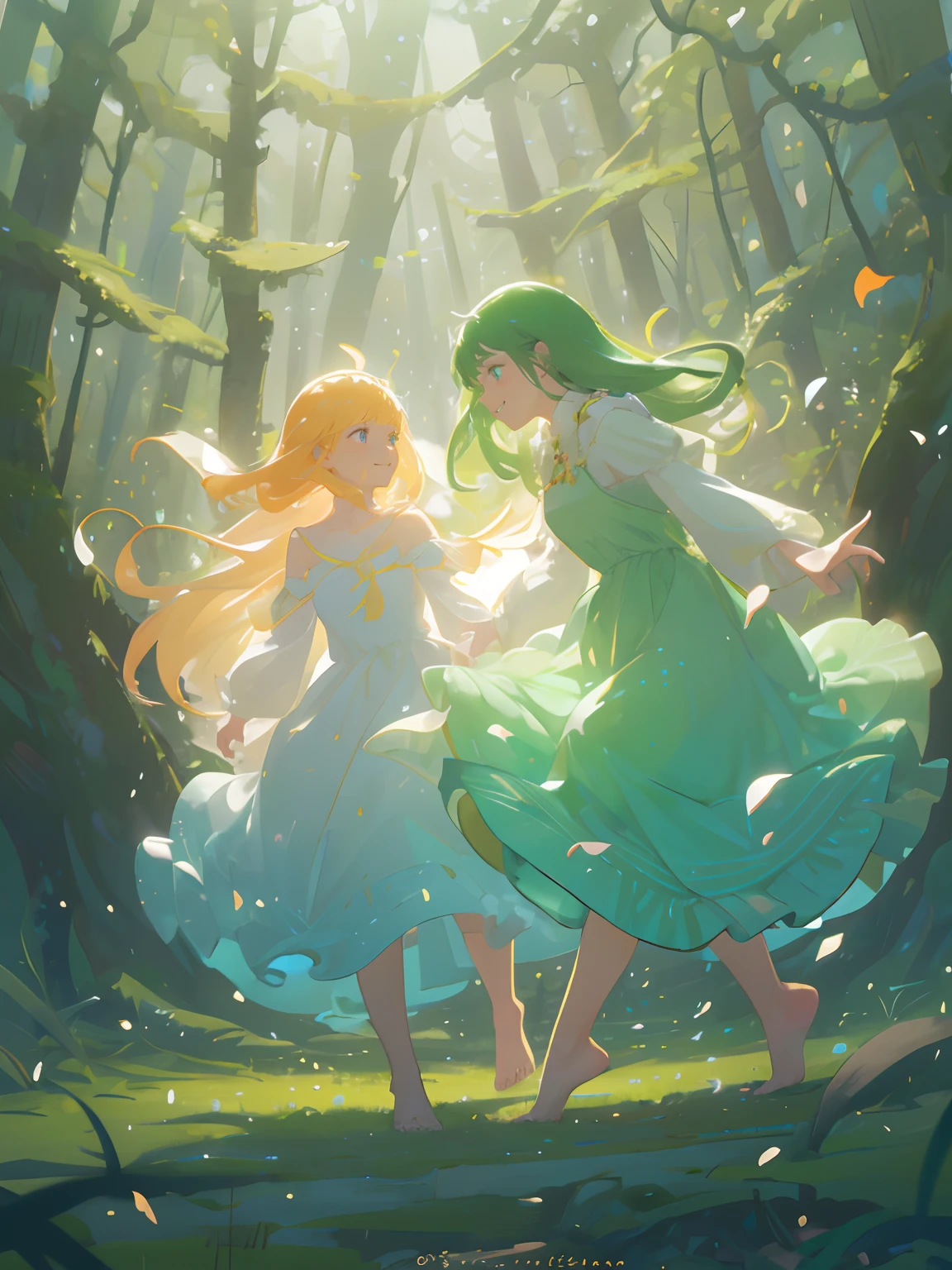 best quality,ultra-detailed,realistic,2girls,chasing,playing,forest,beautiful detailed eyes,beautiful detailed lips,longeyelashes,natural light,greenery,dappled sunlight,fantasy elements,joyful expressions,happy laughter,hazy atmosphere,whispering breeze,immersive woodland,ethereal ambiance,vivid colors,wildflowers,butterflies,falling leaves,moss-covered rocks,running barefoot,lively movement,dainty dresses,magical adventure,endless exploration,enchanted forest,secrets waiting to be discovered,infinite possibilities,magical creatures,happiness and wonder.