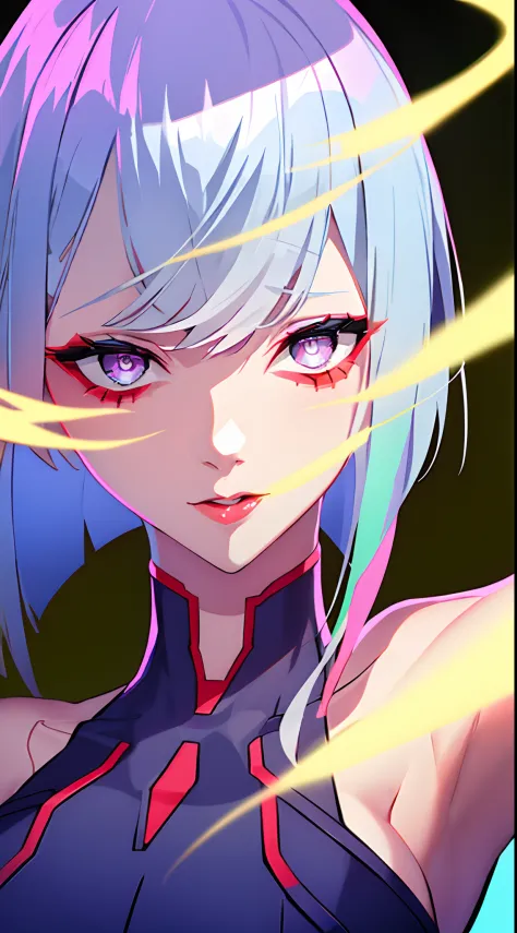 In an intriguing cyberpunk anime style, depict Lucy, a captivating 1girl with blue hair and colored tips, her hair flying upwards, framing her mesmerizing grey eyes. She wears a white jacket, her medium hair expertly styled with parted bangs and bangs fall...