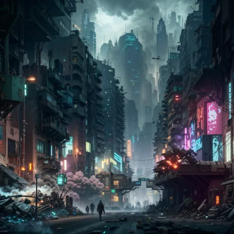 there is a picture of a city street with a lot of buildings, digital concept art of dystopian, dirty cyberpunk city, cyberpunk apocalyptic city, post - apocalyptic city streets, cyberpunk city abandoned, dystopian scifi apocalypse, dystopian cyberpunk city...