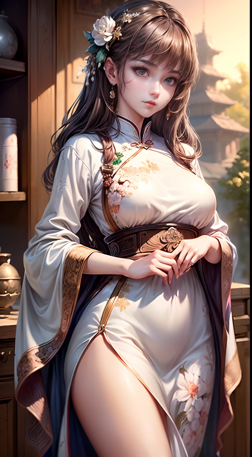 (Best quality, Masterpiece, Extremely detailed CG, Game CG:1.5), full bodyesbian,1 girl,An extremely delicate and beautiful girl, Extremely detailed eyes and face, beautiful detailed glow,Lagasprín，on cheongsam，Medium breast, illustration, Cinematic lighting, Best shadow,(White background:1.3)