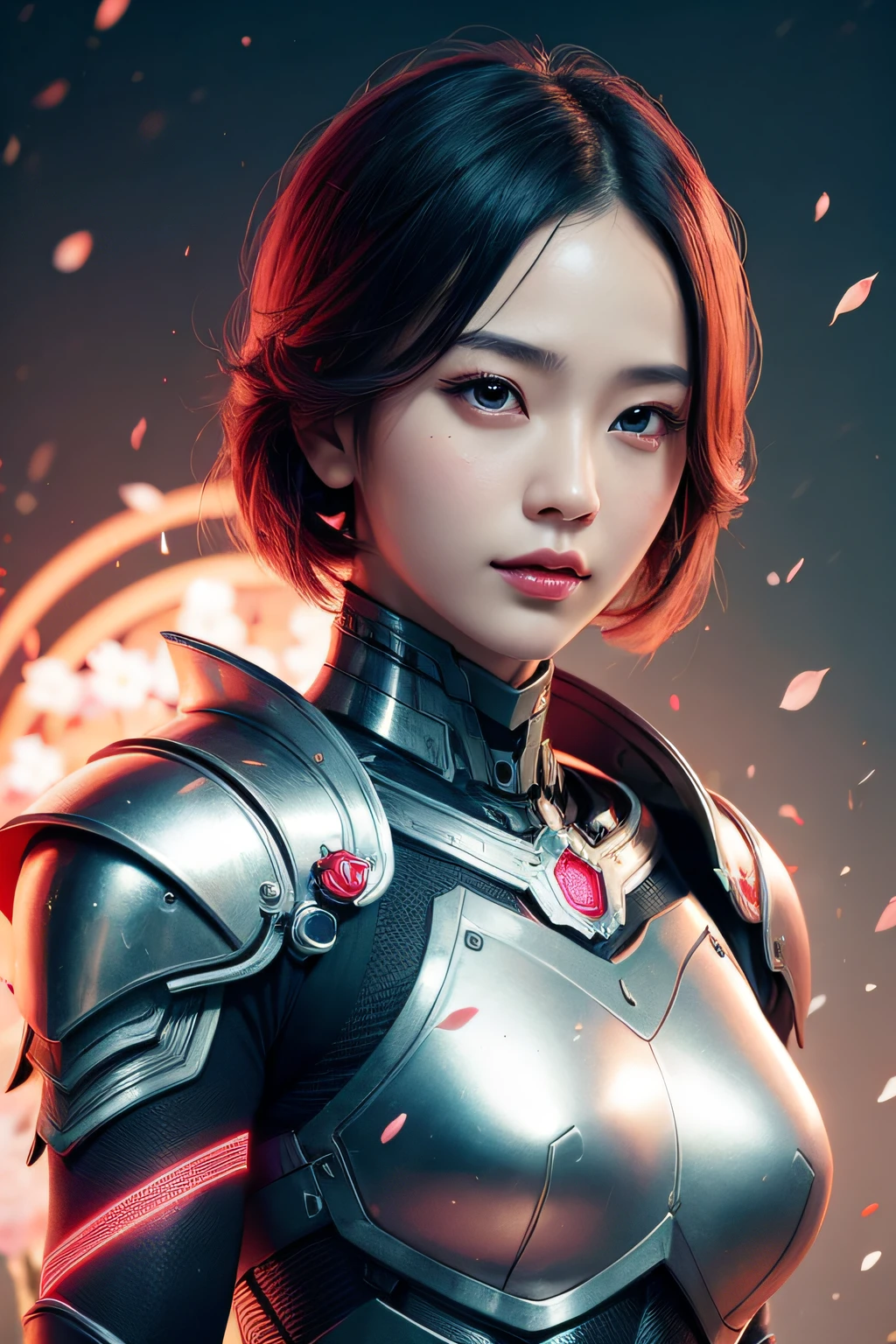 beautiful japanese young woman, wearing cyborg armor, thick symmetrical features, very short hair, background is cherry blossoms, pink aura, red lips, octane render,