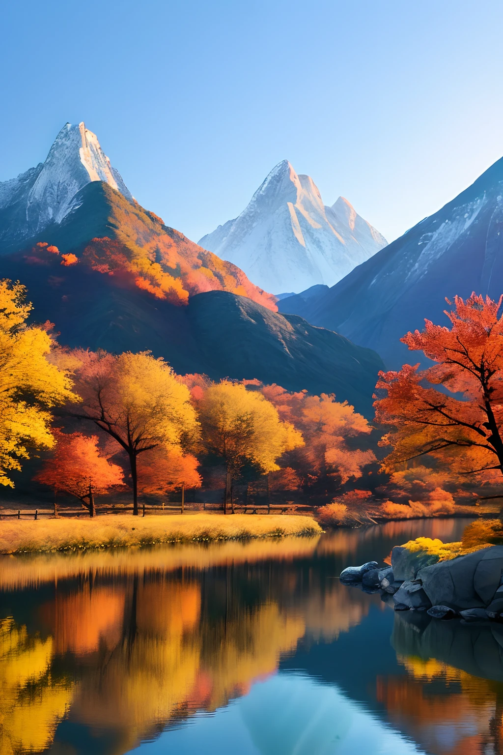 A beautiful Korean mountain and lake, (masterpiece), (portrait), (raw photo), (highly detailed CG unity 8k wallpaper) intricate, sharp focus, dramatic, realistic art