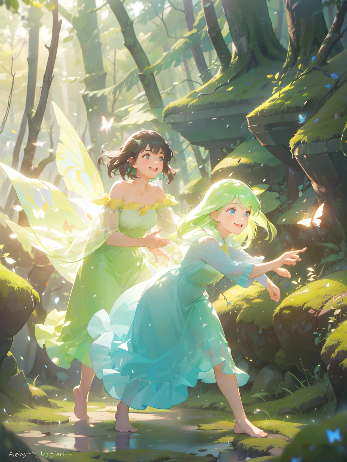 best quality,ultra-detailed,realistic,2girls,chasing,playing,forest,beautiful detailed eyes,beautiful detailed lips,longeyelashes,natural light,greenery,dappled sunlight,fantasy elements,joyful expressions,happy laughter,hazy atmosphere,whispering breeze,immersive woodland,ethereal ambiance,vivid colors,wildflowers,butterflies,falling leaves,moss-covered rocks,running barefoot,lively movement,dainty dresses,magical adventure,endless exploration,enchanted forest,secrets waiting to be discovered,infinite possibilities,magical creatures,happiness and wonder.