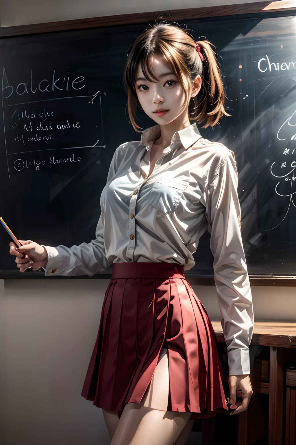 a woman in a skirt and shirt posing in front of a chalkboard with a pencil in her hand, sakimi chan, a colorized photo, quito school,