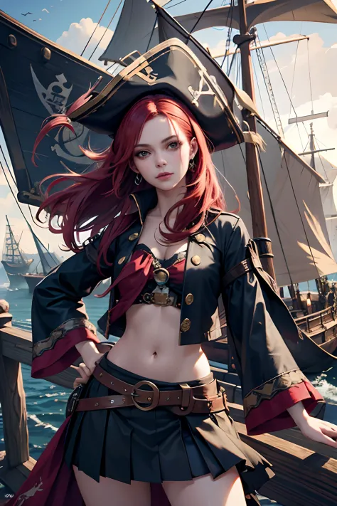 English woman,1girll,Lovely and beautiful Fas,28 year old,Red hair,double tails, Practical pirate clothing, (Long-sleeved pirate...