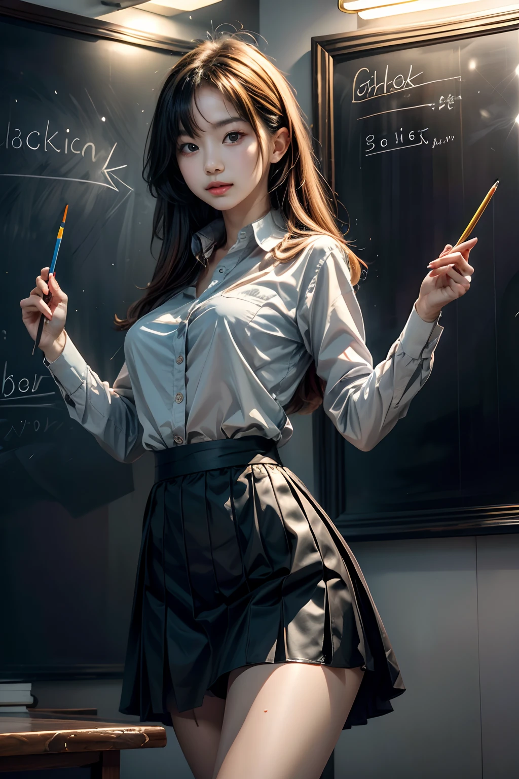 uma mulher de saia e camisa posando em frente a um quadro-negro com um lápis na mão, Sakimi-chan, uma foto colorida, escola de quito,