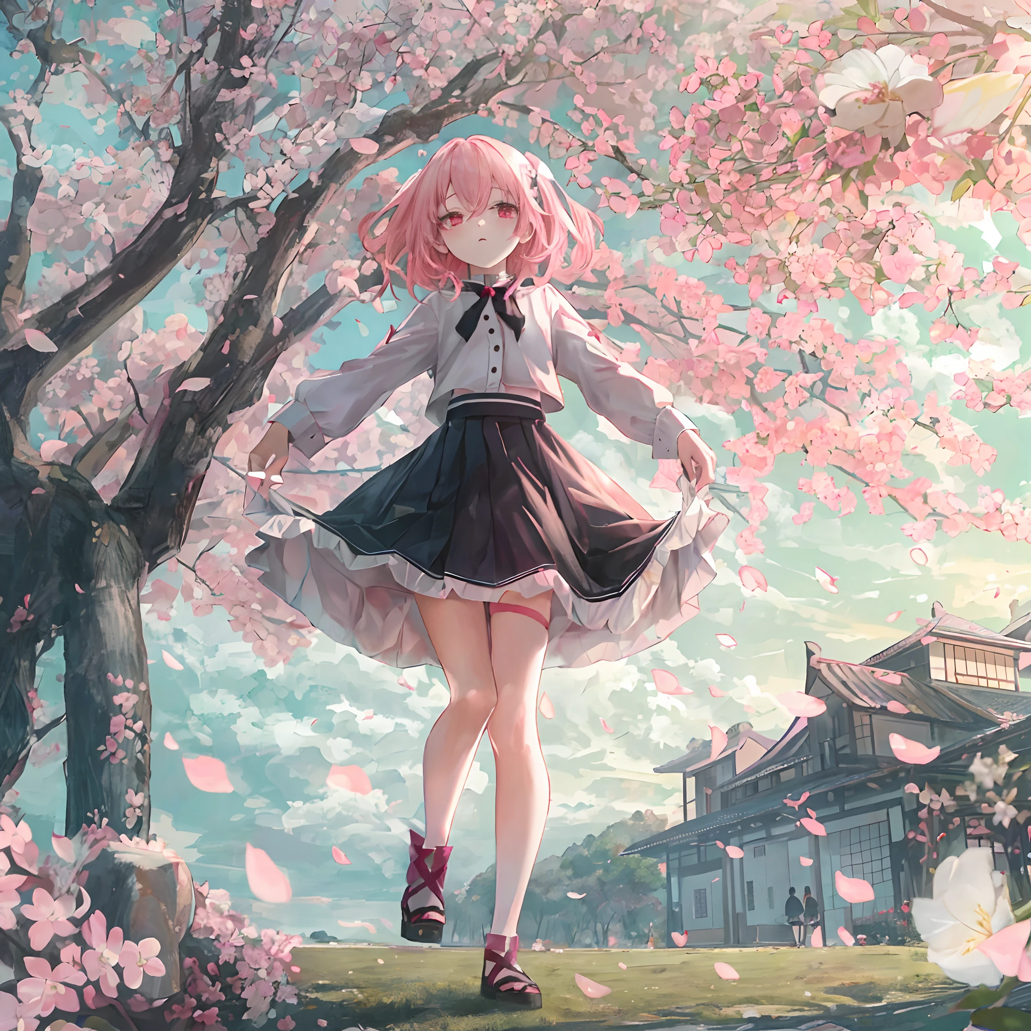 absurderes, hight resolution, (Anime style:1.1), ((masutepiece)), ((Best Quality)), (Ultra-detailed), (Beautiful), 独奏, Beautiful face、(liftup)、Cute girl dancing on beautiful delicate cherry blossom tree-lined avenue、Beautiful endless sky,Wind,Glowing pale pink hair、 Fine red eyes,Ephemeral,,Looking at Viewer,Dramatic,、(full body Esbian)、12year old、high-angle、a miniskirt、Fluffy goth loli style clothes、both、Detailed beautiful sunset on background、(:1.4)、(Lifted skirt:1.7)、NSFW、Look down and close your eyes