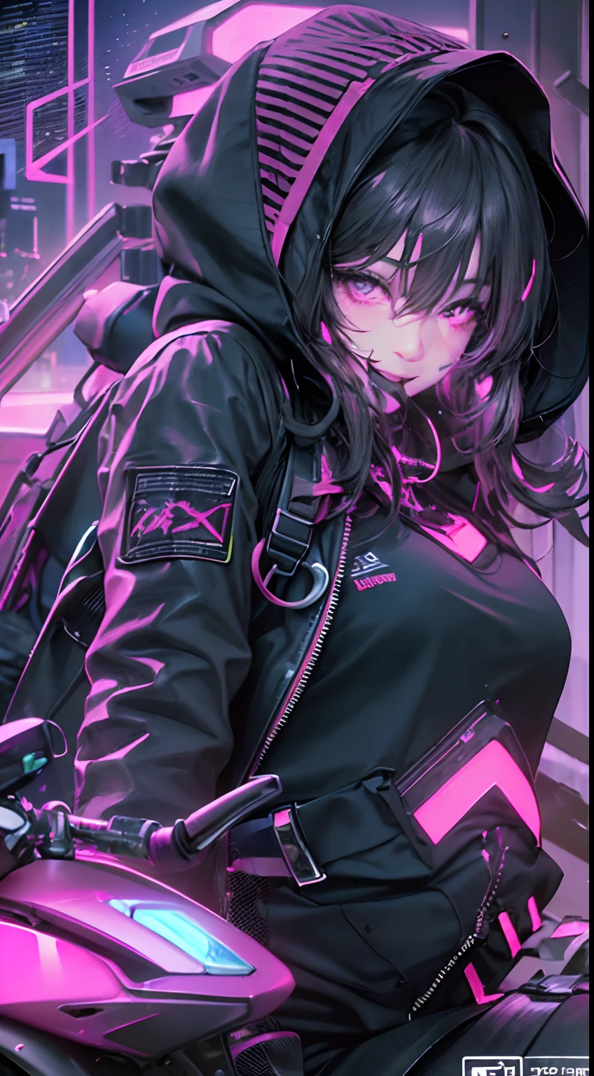 (1girl in)、(Plump beauty)、(30-years old)、(Very long hair)、(Top image quality)、(8K picture quality)、(cyberpunked)、(masutepiece)、 (Flickering of light)、(Wear a cyberpunk hooded military uniform)、(Picture of me driving a motorcycle:1.5)、(confident grin:1.2)、(Full body photo)、cinematric light, Cinema Shadow, Sharp Image, (Extremely detailed:1.7)、 Volumetric, Bright sprites, particles effect, beautiful effects, Vivid colors, neons, Neon light, Highly detailed image textures, detailed hairs, Detailed face, Detailed eyes, Full body photo, city、Dark hair、Eyes glow、Photo from the knee up、beautiful effects, Vivid colors, Highly detailed image textures, detailed hairs, Detailed eyes,(Cyberpunk cityscape) (Black and pink aura overflowing from clothes:1.5)