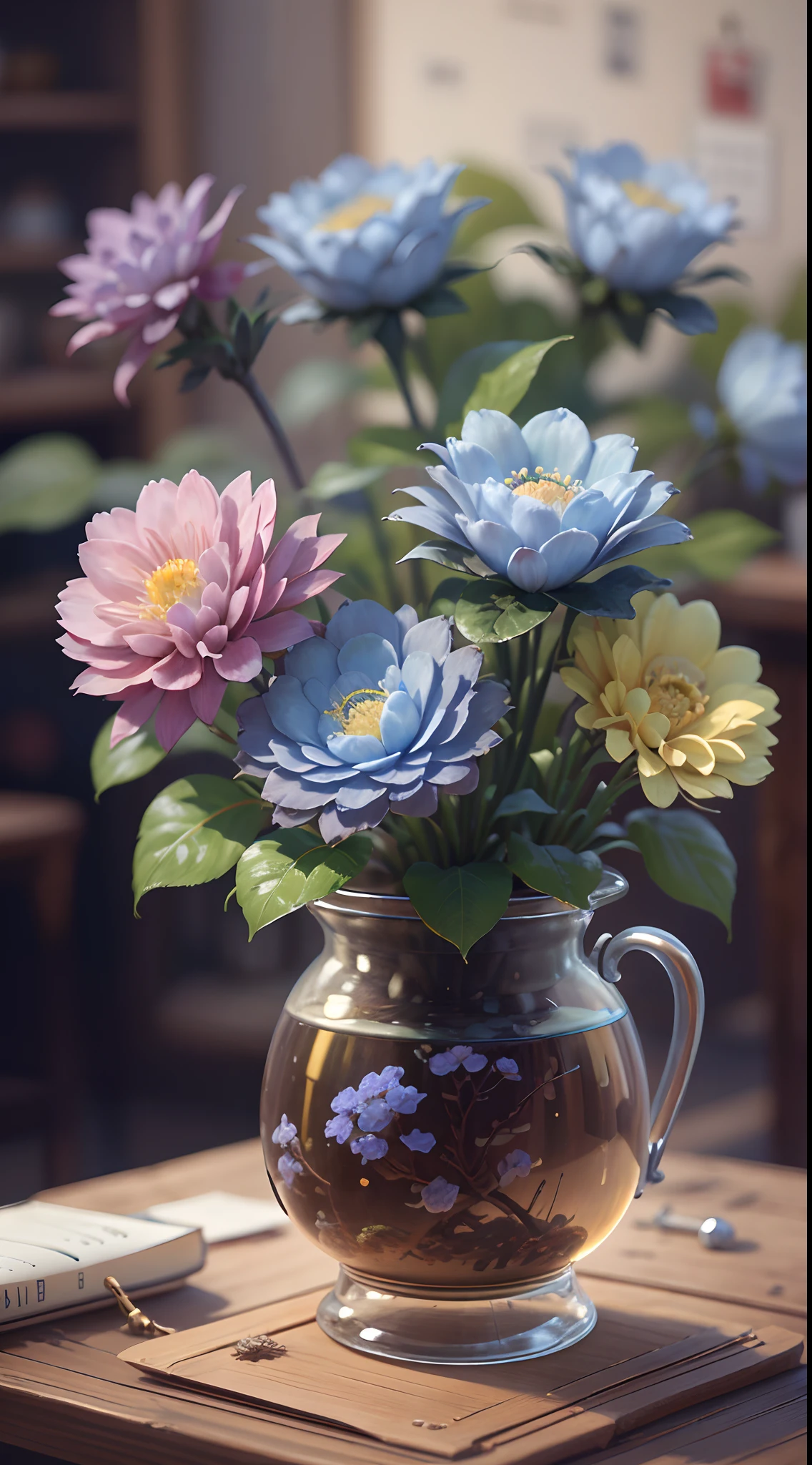 best qualtiy，tmasterpiece，Ultra-high resolution，（photograph realistic：1.4），Ultra-realistic realism， Blue Shigan flowers bloom in a dieselpunk AI pot