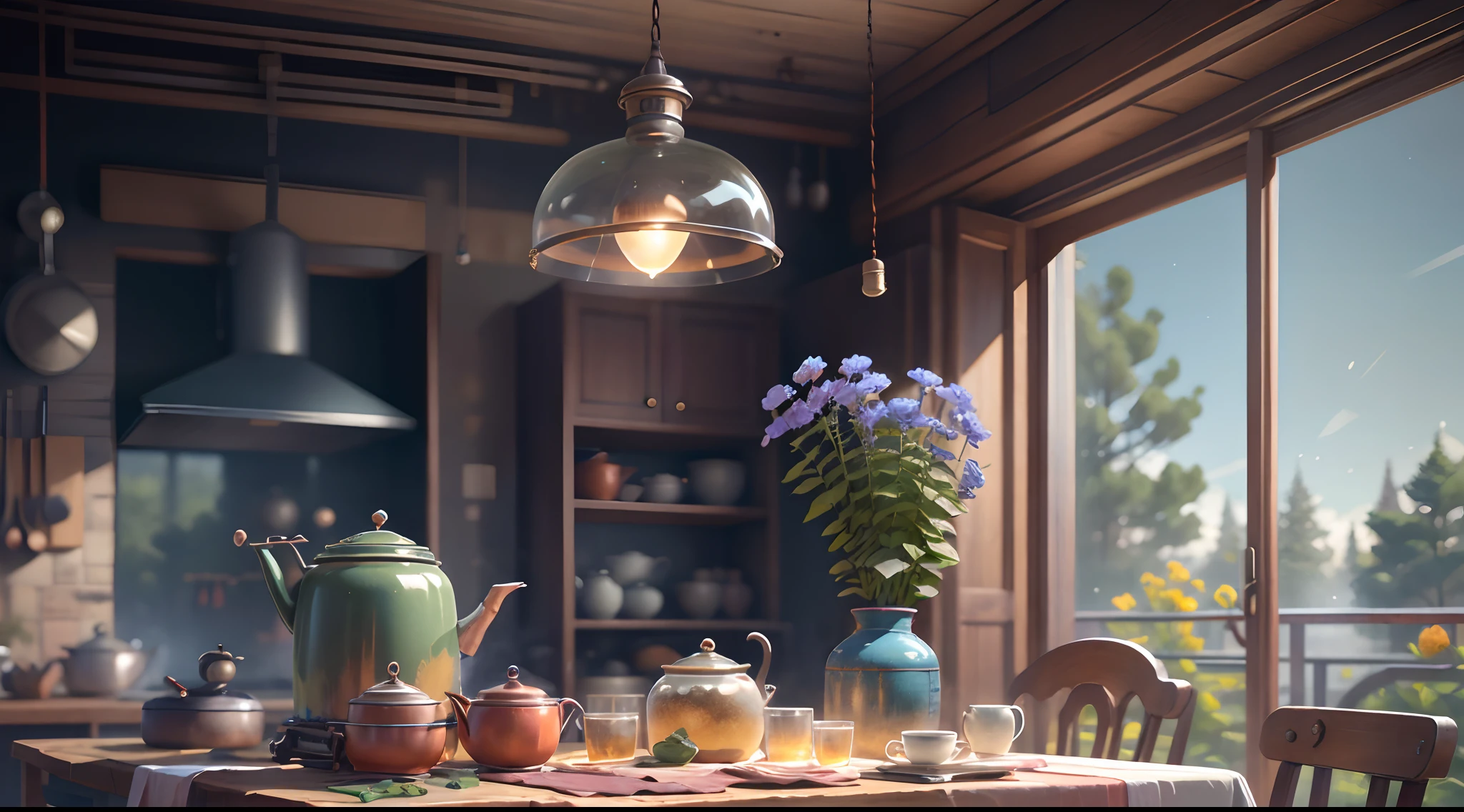 beste Qualität，Meisterstück，ultrahohe Auflösung，（foto realistisch：1.4），Ultrarealistischer Realismus，auf dem Tisch， Blue Shigan flowers bloom in a dieselpunk AI pot，Küchenhintergrund