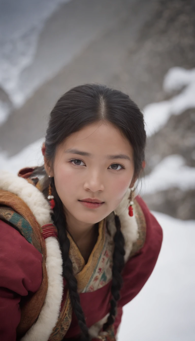 Tibetten cute girl, Tibetan snow ， 2000，White smoke， Full of movement，Hasselblad， National Geographic photo， Semi-body shot, high-quality photo