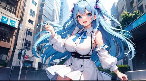 1 girl, game CG, white shirt, shoulders visible, short skirt, string hair ribbon, gigantic breasts, light blue hair, middle hair, two side up, blue eyes, park, smile, open mouth, dynamic,
