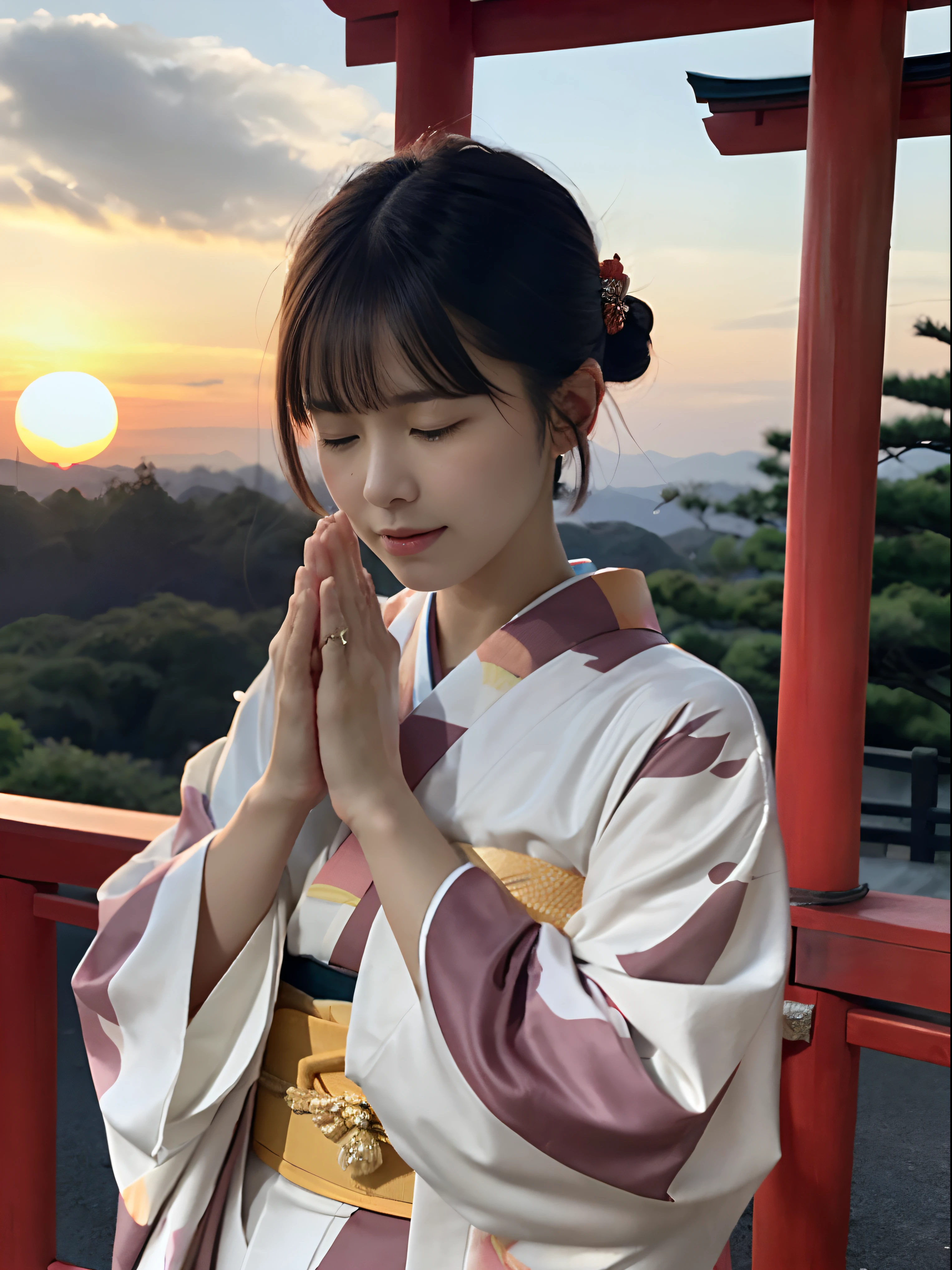 (Primer plano retrato de una dama de pelo corto con flequillo aburrido en un hermoso y colorido kimono:1.5)、(Una señora rezando con los ojos cerrados y las palmas juntas en un santuario en Japón:1.5)、(fondo borroso:1.5)、(Hermoso cielo rojo atardecer de invierno:1.5)、(anatomía perfecta:1.3)、(sin mascara:1.3)、(dedos completos:1.3)、Fotorrealista、fotografía、Mesa、de primera calidad、alta resolución, delicado y bonito、cara perfecta、Hermosos ojos detallados、piel blanca、piel humana real、pores、((piernas delgadas))、(pelo oscuro)