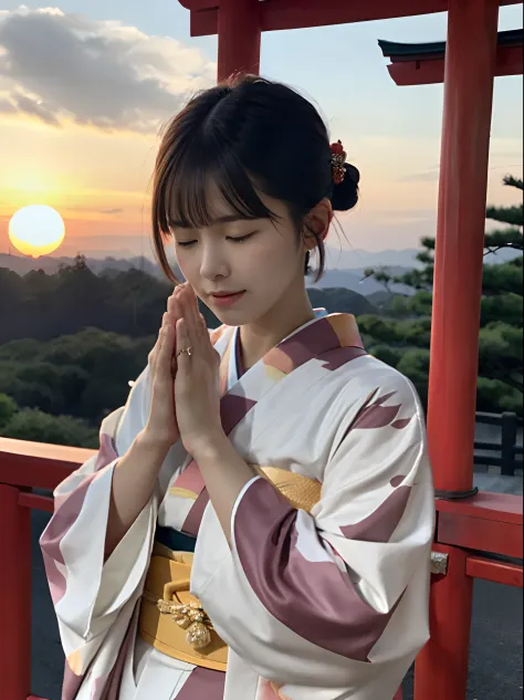 (Close up portrait of short-haired lady with dull bangs in beautiful colorful kimono:1.5)、(One lady praying with her eyes closed...