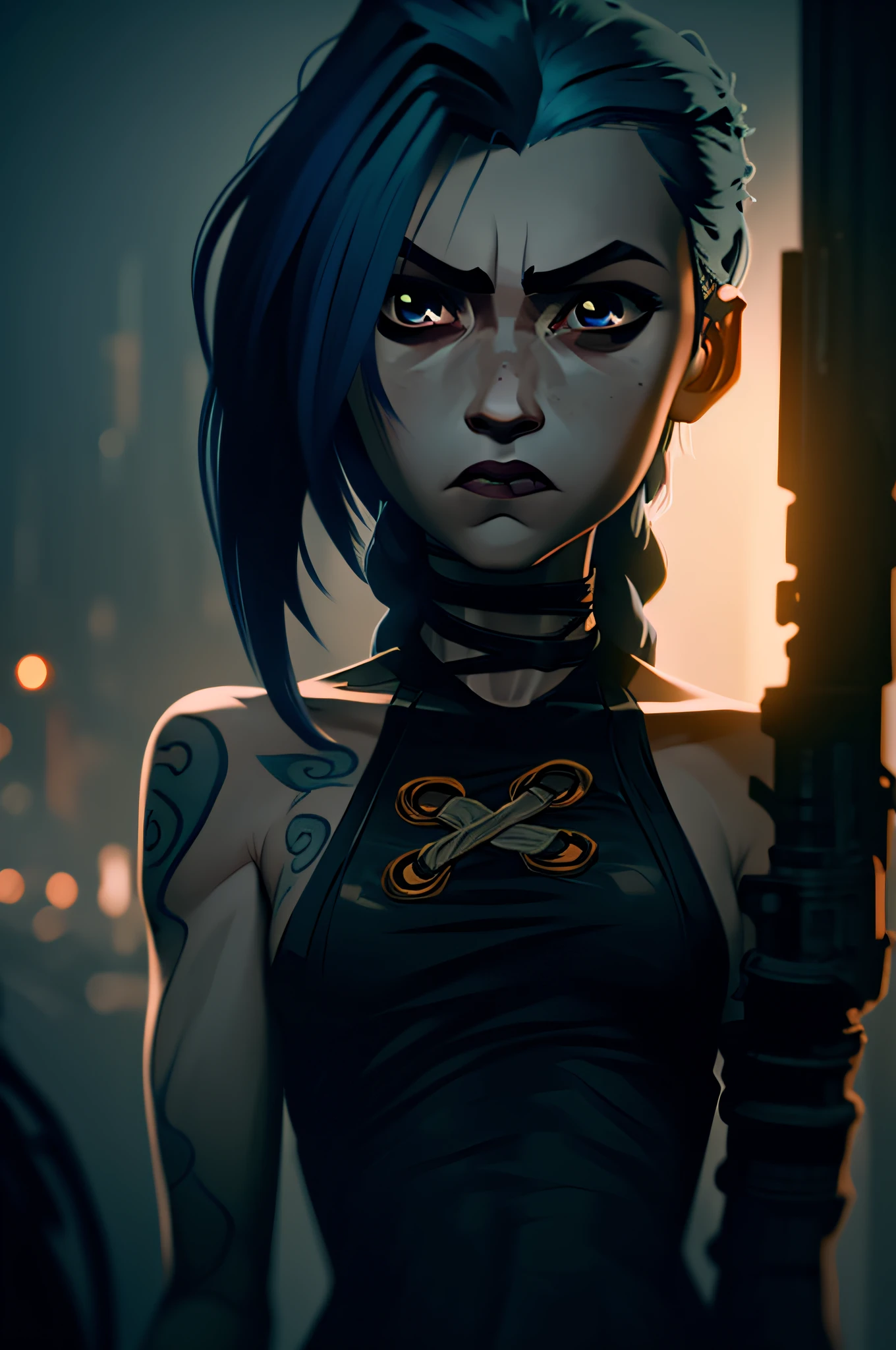 jinx pointing her gun into the camera, blue cloud tattoo, (masterpiece, best quality), side lightning, beautiful detailed eyes, angry face), (best quality), (masterpiece), magical photography, dramatic lighting, photo realism, ultra-detailed, intimate portrait composition, Leica 50mm, f1. 4,8k uhd, dslr, aesthetic, 64k, high definition, 8k, best illumination, best shadow, ultra-HD, highres, sharp focus, complicated background, cinematic lighting, ((landscape view)), 4k unity, (best illumination), ((cinematic lighting)),