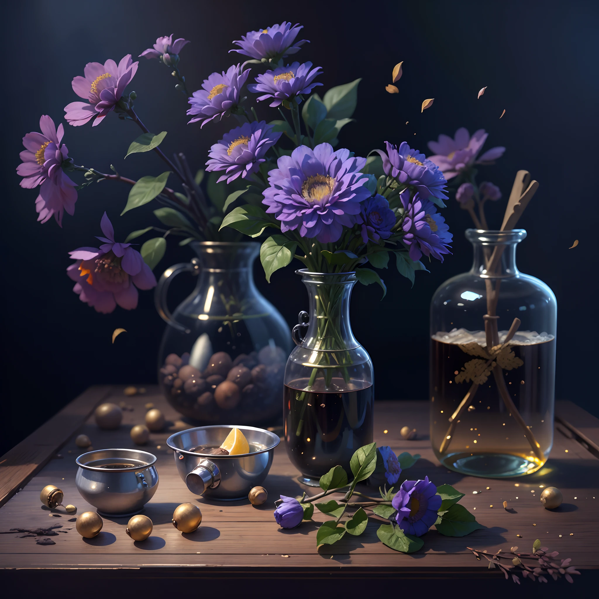 la mejor calidad，obra maestra，ultra alta resolución，（fotografía realista：1.4），ultra-realistic realism，en la mesa， [Las flores azules de Higan florecen en un jarrón]，Cocina Dieselpunk AI